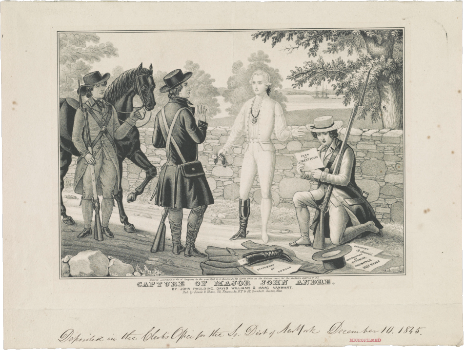A drawing depicting the capture of Major André by American militia and the search of his boot where he had concealed documents provided by Benedict Arnold.