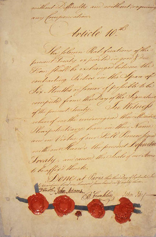 The Treaty of Paris, formally ending the Revolutionary War