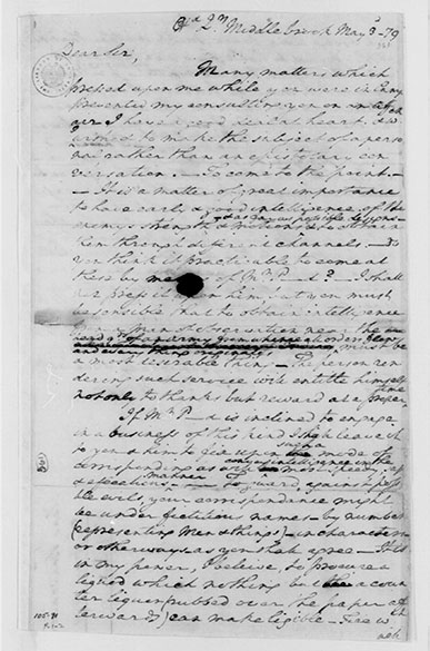 letter regarding the recruitment of a possible spy, George Washington describes James Jay’s invisible ink