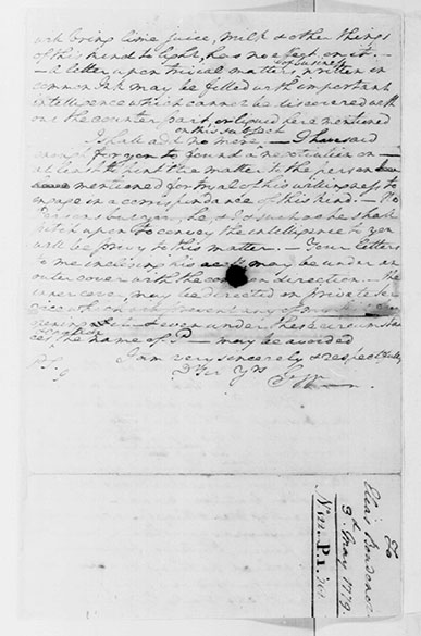 letter regarding the recruitment of a possible spy, George Washington describes James Jay’s invisible ink